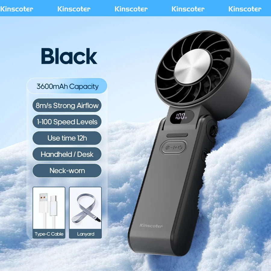 Outdoor Foldable Portable Handheld Fan Mini Cooling Rechargeable 3600Mah 100-Level Free Control High Speed Turbo Fan