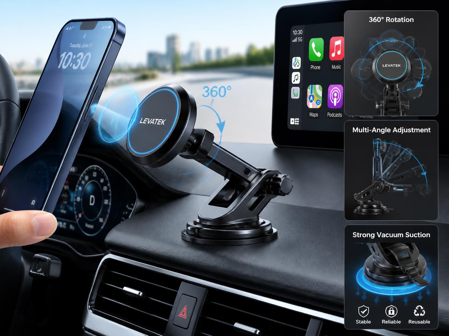 Car Phone Magnetic Stand Mechanical Vacuum Suction Cup Rotate 360° Magnetic Adsorption Bracket Navigation Universal Holder