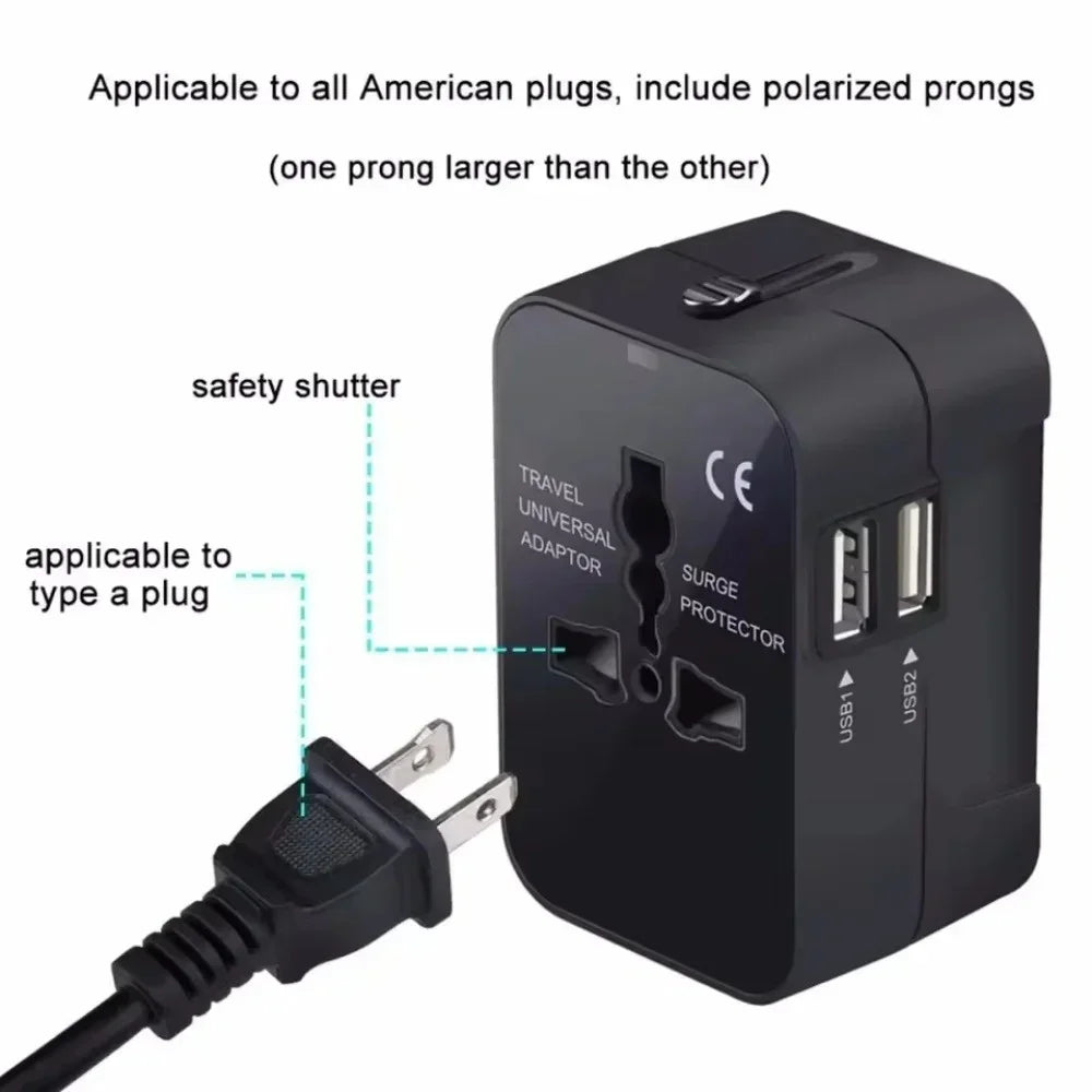 Universal Travel Adapter with Dual USB Ports – Global AC Power Adapter EU, US, UK & AU Plug Converter