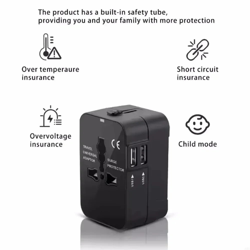 Universal Travel Adapter with Dual USB Ports – Global AC Power Adapter EU, US, UK &amp; AU Plug Converter