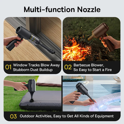 Multi-function nozzle for wireless car vacuum cleaner, showcasing window cleaning, barbecue blowing, and outdoor use.