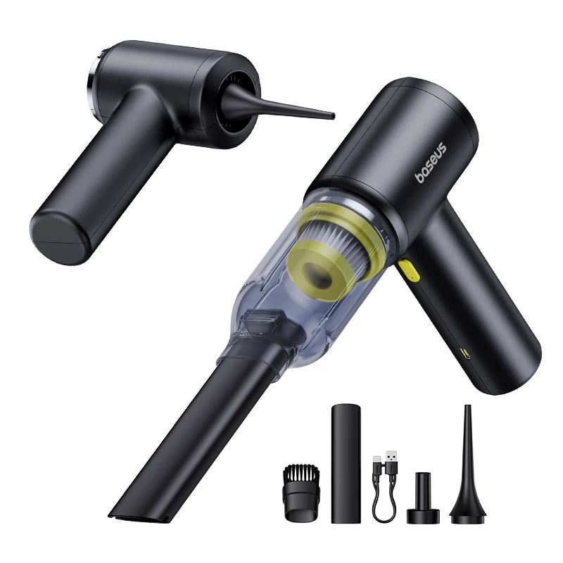 Wireless Car Vacuum Cleaner &amp; Air Dust Blower Gun with multiple attachments and USB charging cable.