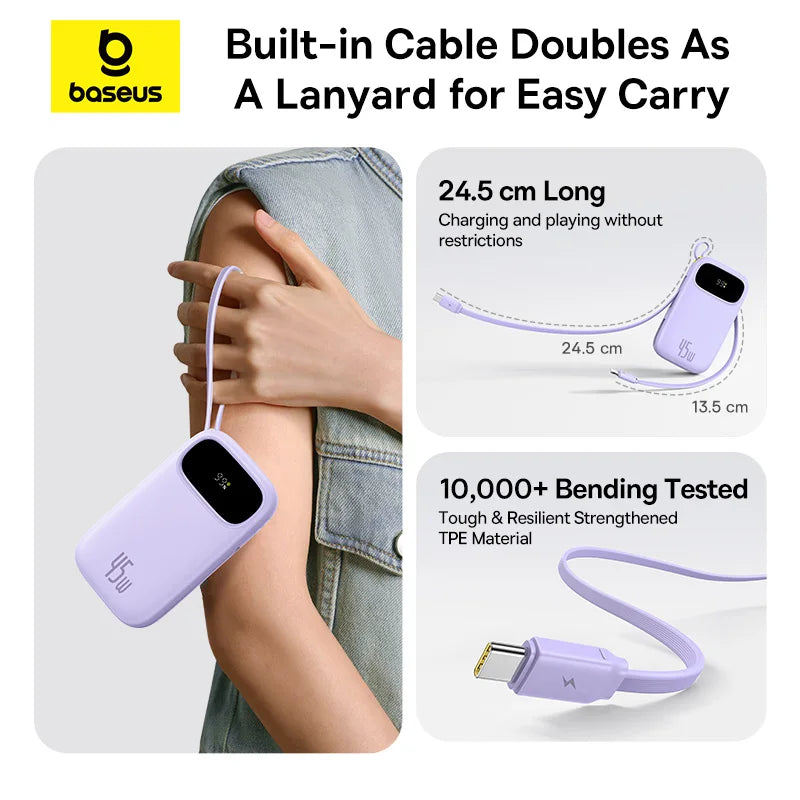 45W 20000Mah Power Bank 10000Mah Built-In Retractable USB-C & Lightning Cable for Iphone 17 16 15 Samsung S25 Xiaomi Poco