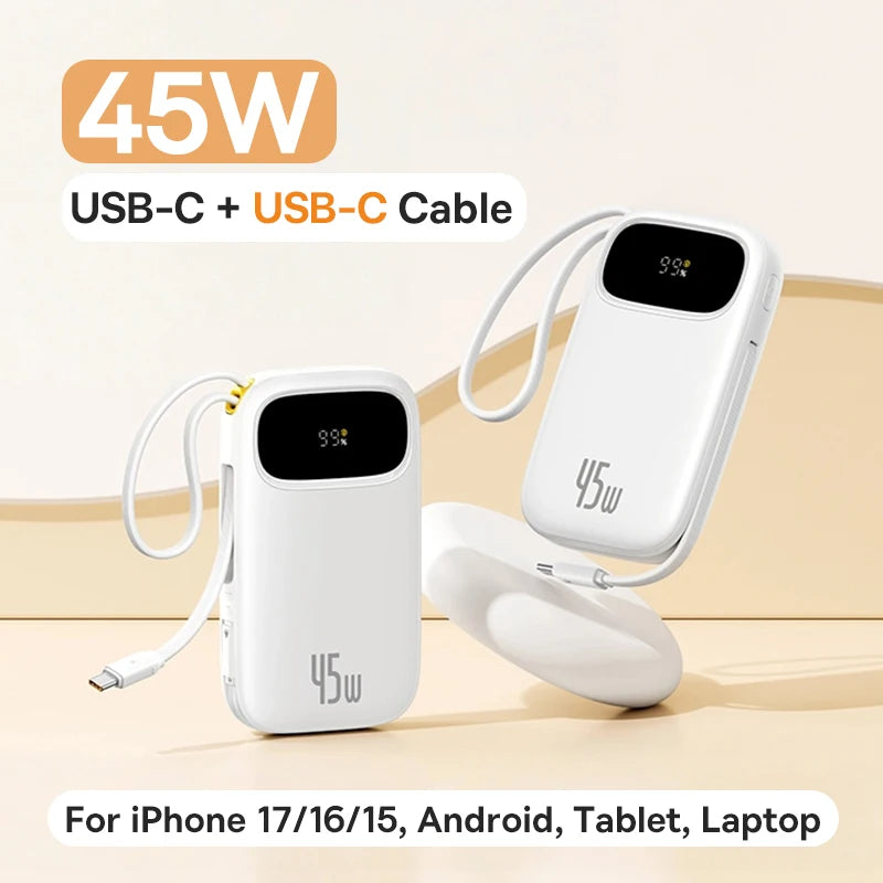 45W 20000Mah Power Bank 10000Mah Built-In Retractable USB-C & Lightning Cable for Iphone 17 16 15 Samsung S25 Xiaomi Poco