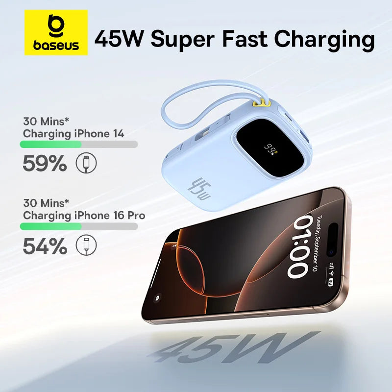 45W 20000Mah Power Bank 10000Mah Built-In Retractable USB-C & Lightning Cable for Iphone 17 16 15 Samsung S25 Xiaomi Poco