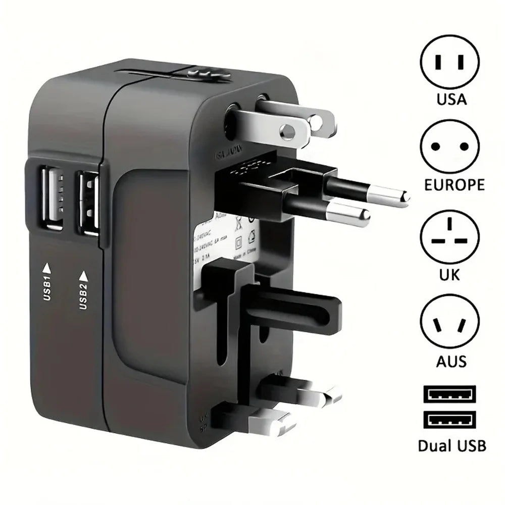 Universal Travel Adapter with Dual USB Ports – Global AC Power Adapter EU, US, UK &amp; AU Plug Converter