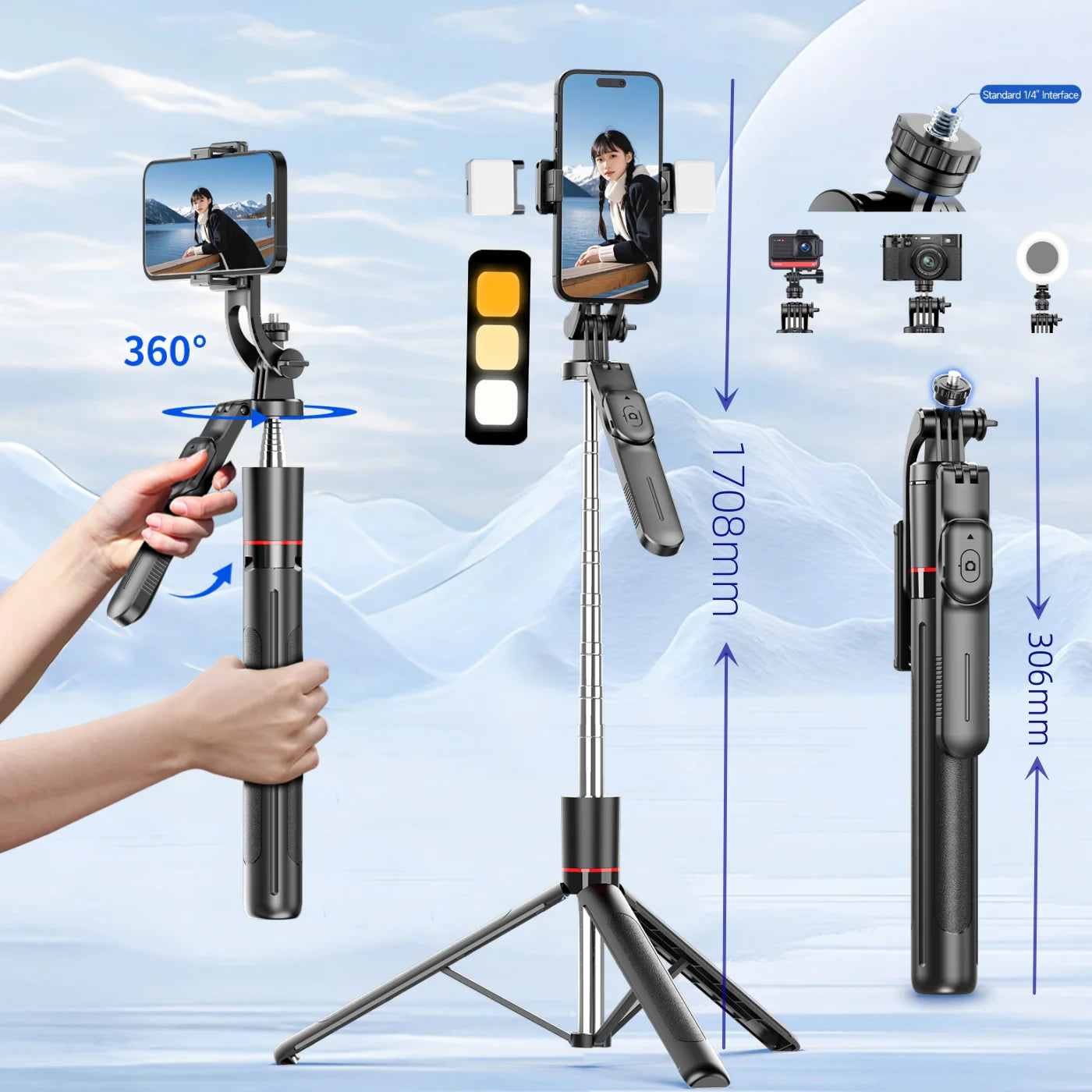 Selfie Stick Tripod with 1708Mm Long Monopod Fill Light, Bluetooth Remote, 360° Rotation, 1/4 Interface, for Mobile Phone