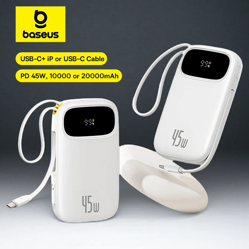 45W 20000Mah Power Bank 10000Mah Built-In Retractable USB-C & Lightning Cable for Iphone 17 16 15 Samsung S25 Xiaomi Poco