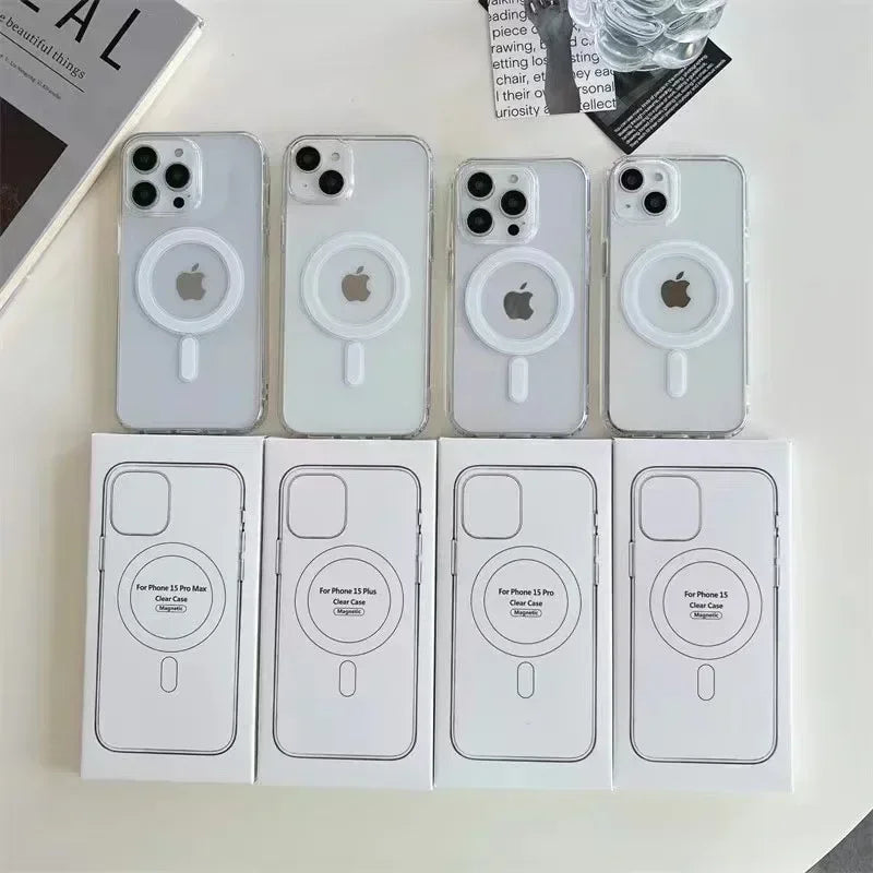 MagSafe Magnetic iPhone Case packaging showing clear wireless charging cover design and magnetic ring outline. Mini X XR XS 7 8Plus Clear Cover